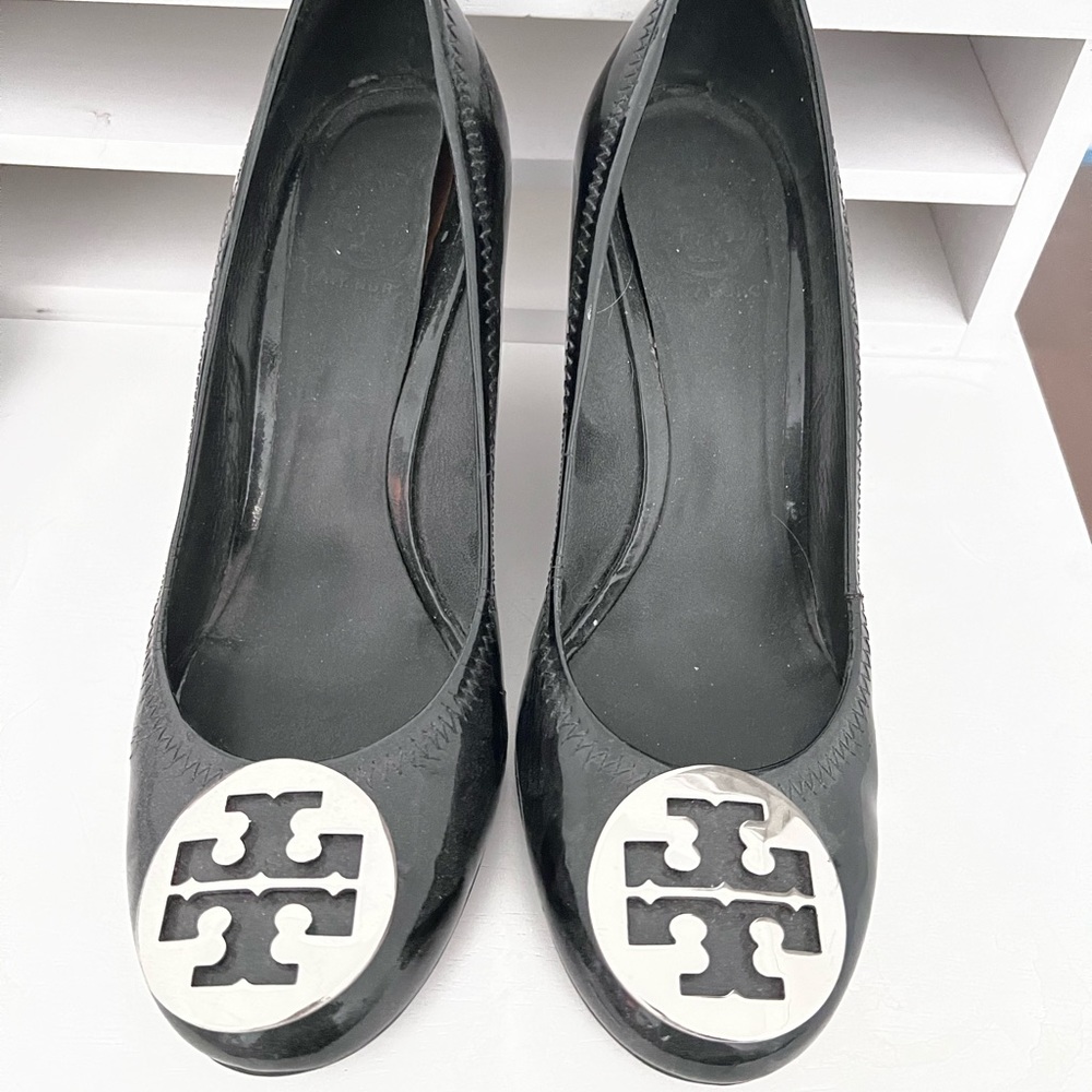Black patent Tory Burch Wedges